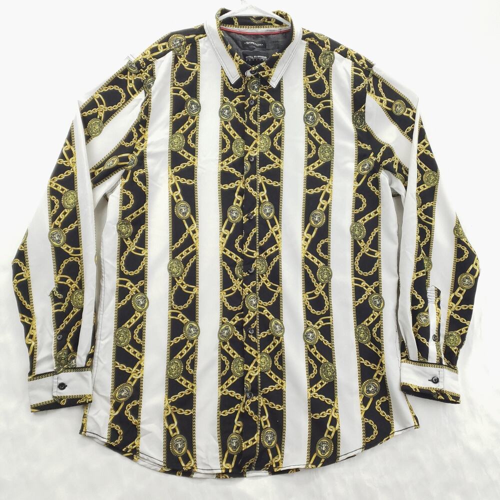 Drill Clothing Shirt Mens XL Black White Stretch Gold Chains Medusa Long Sleeve